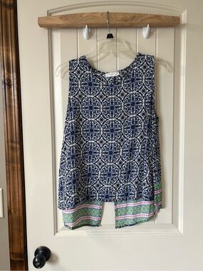 Elodie Navy and White Medallion Tank with Pink & Green Hem
